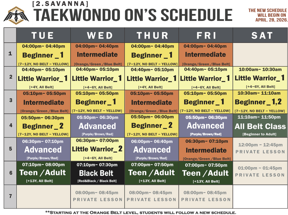 Taekwondo ON Savanna class schedule