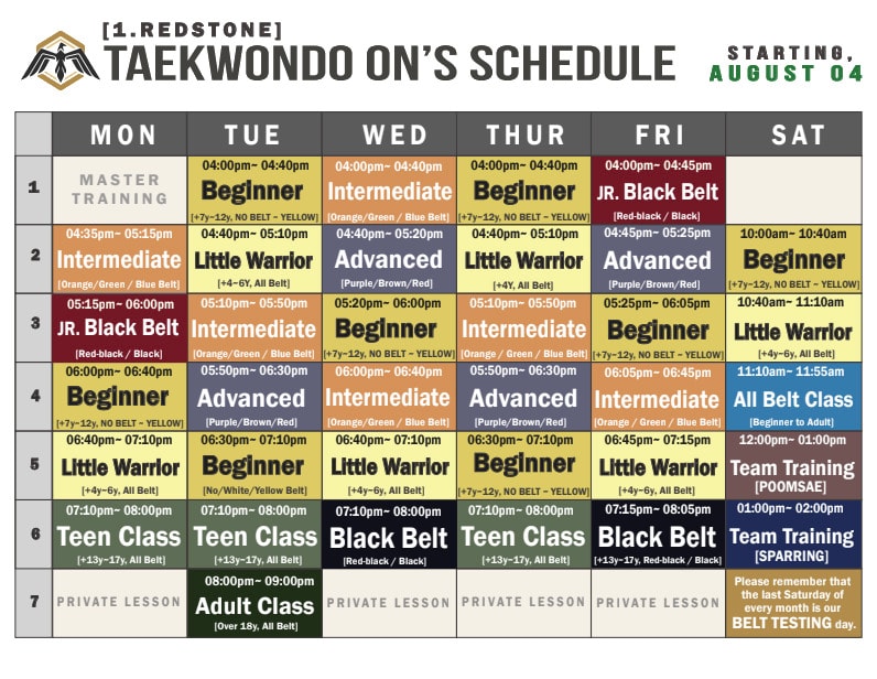 Taekwondo ON Redstone class schedule starting August 4